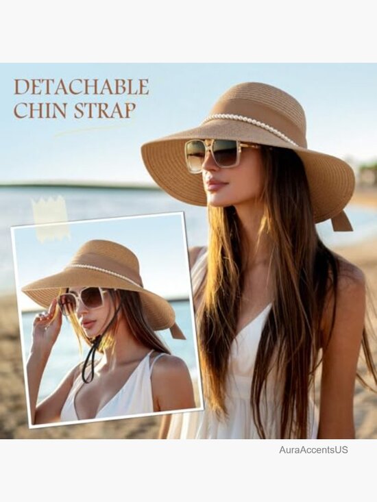 Foldable Wide Brim Straw Sun Hat with Wind Lanyard UPF 50+ Beach Travel